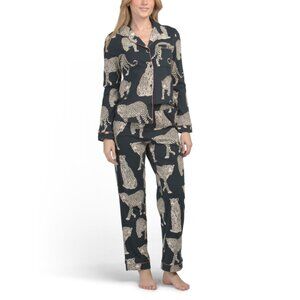 CHELSEA PEERS Navy Organic Cotton Leopard Pajama Top And Pants Set